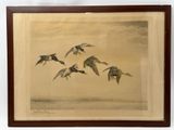 painting of a flock of ducks flying in the sky over a body of water