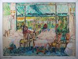 an oil painting of a restaurant with tables and chairs and people sitting outside