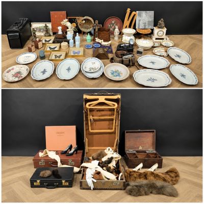 two pictures of a table with a lot of items on it