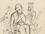 dessin représentant un homme assis sur un banc avec un enfant