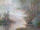 un tableau représentant une rivière sur laquelle navigue un bateau