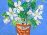 une peinture représentant un vase avec des fleurs sur une table
