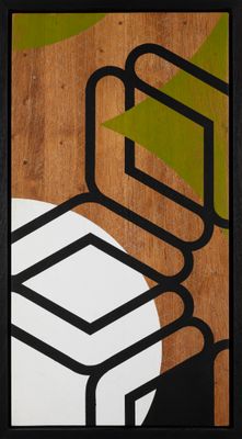 abstract painting of a chair and a table on a wooden surface