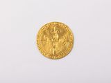 a close up of a gold coin on a white surface