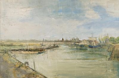 un tableau représentant un port avec des bateaux sur l'eau