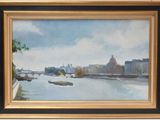 an image of a painting of a river with a bridge in the background
