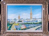 une peinture à l'huile représentant une vue de ville avec une église en arrière-plan