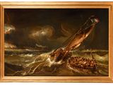 an oil painting of a boat in a stormy sea with a boat in the foreground