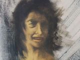 painting of a woman with her eyes closed and a smile on her face