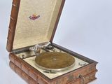 a wooden box with a record player inside of it