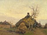 an image of a painting of a village with a thatched roof