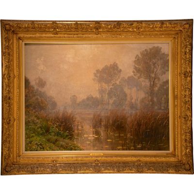 l'image d'une peinture représentant une rivière avec des arbres en arrière-plan