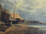 a painting of a beach scene with boats and people on the shore