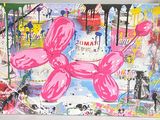 tableau représentant un chien en ballon rose surmonté d'un gâteau d'anniversaire