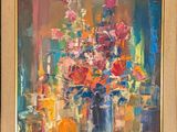 painting of a vase of flowers on a table in front of a window
