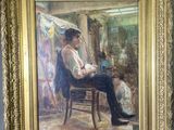 une peinture à l'huile représentant un homme assis sur une chaise devant un miroir