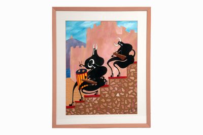 painting of two black cats sitting on a wall playing instruments