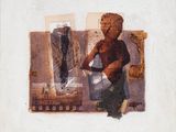 a painting of a woman sitting on a chair in front of a mirror