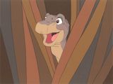 an image of a cartoon dinosaur peeking out from behind a tree