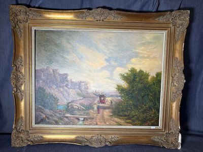 une peinture à l'huile représentant un homme marchant sur un sentier avec un chien