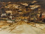 an image of a painting of a snowy road with houses in the background
