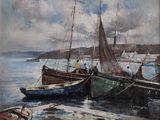 a painting of a group of boats docked on the water