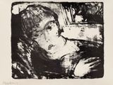 an image of a black and white drawing of a woman sitting in a chair