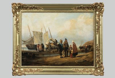 une peinture à l'huile représentant un groupe de personnes sur une plage, avec un bateau en arrière-plan