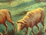 painting of a couple of sheep grazing in a field of green grass