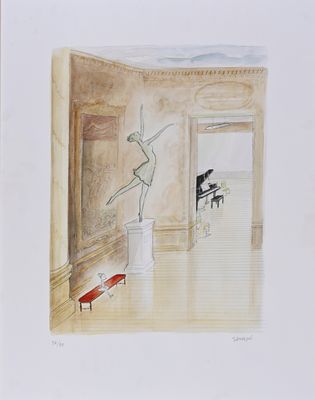 painting of a room with a piano and a statue in it