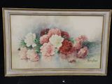 an image of a painting of pink and white carnations on a black background