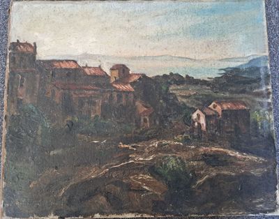 une image représentant un tableau d'un village situé sur une colline au bord de la mer