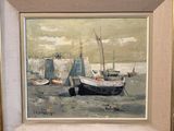 une image d'un tableau représentant un bateau sur la plage