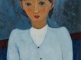 an image of a painting of a woman sitting on a blue couch