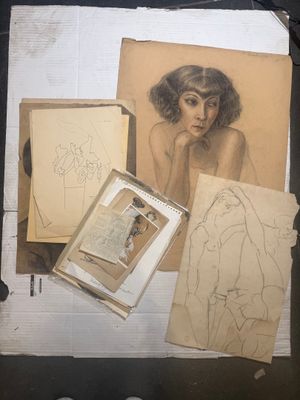 a painting of a woman sitting on top of a table next to a book