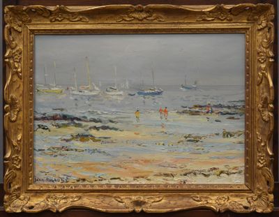 an oil painting of a beach scene with sailboats in the distance