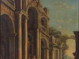 a painting of a street scene with people and animals in the foreground
