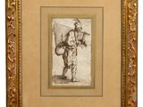 un dessin représentant un homme portant un panier, dans un cadre doré
