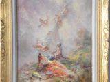 an oil painting of a woman sitting on a hill with a cross in the background