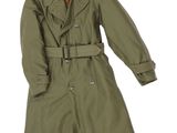 an image of a green trench coat is shown on a white background