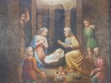 an old painting of a nativity scene with a baby jesus in a manger