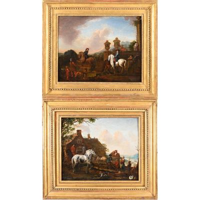 paire de peintures à l'huile du XIXe siècle représentant une scène de vie à la ferme