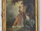 painting of a woman and a dog in a wooded setting