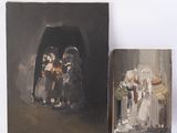 two paintings of people standing in front of a painting of a man and a woman