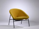 a yellow chair with black legs and a black frame