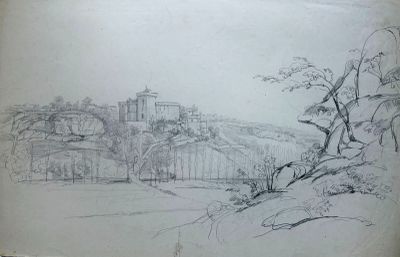 dessin représentant un paysage avec un château au loin et des arbres au premier plan