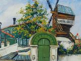painting of a windmill on a building with a green door in front of it