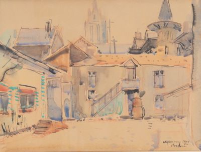 une aquarelle représentant une scène de rue avec une tour horloge en arrière-plan