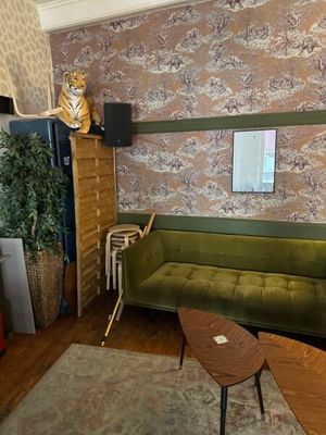 un canapé vert dans un salon, avec un chat sur le mur