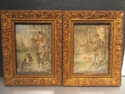 two framed paintings of a man and a dog in a wooded area